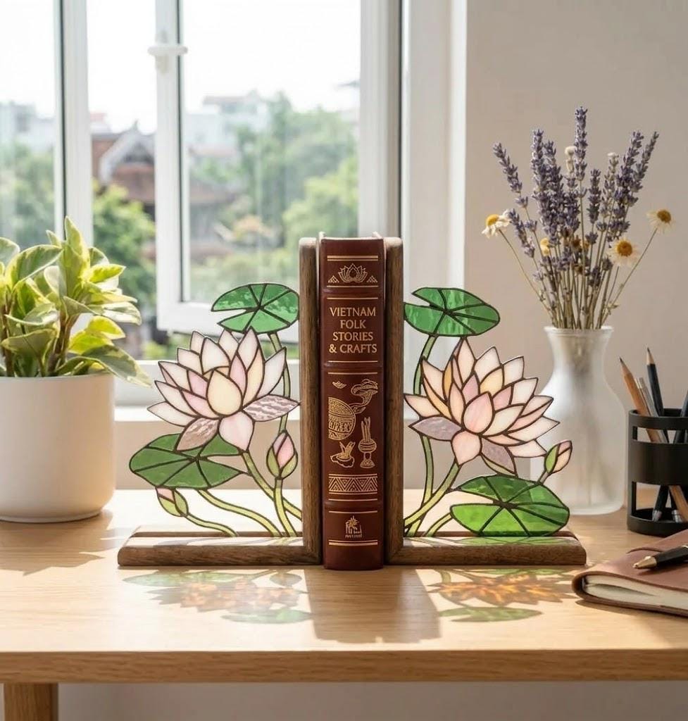Handmade stained glass pink lotus flower bookends on premium wood bases presented in luxury silk lined gift box, zen spiritual home decor and housewarming gift.