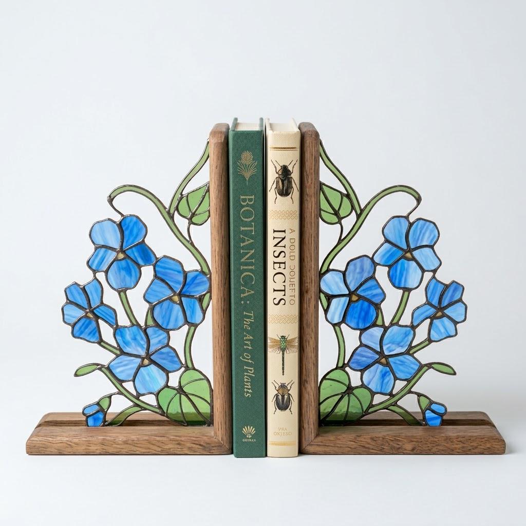 Stained Glass Violet Bookends February Birth Flower Wood Book Stand Blue Floral Shelf Decor Book Lover Gift for Women Mother's Day