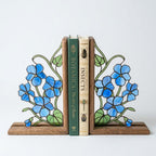 Stained Glass Violet Bookends February Birth Flower Wood Book Stand Blue Floral Shelf Decor Book Lover Gift for Women Mother's Day
