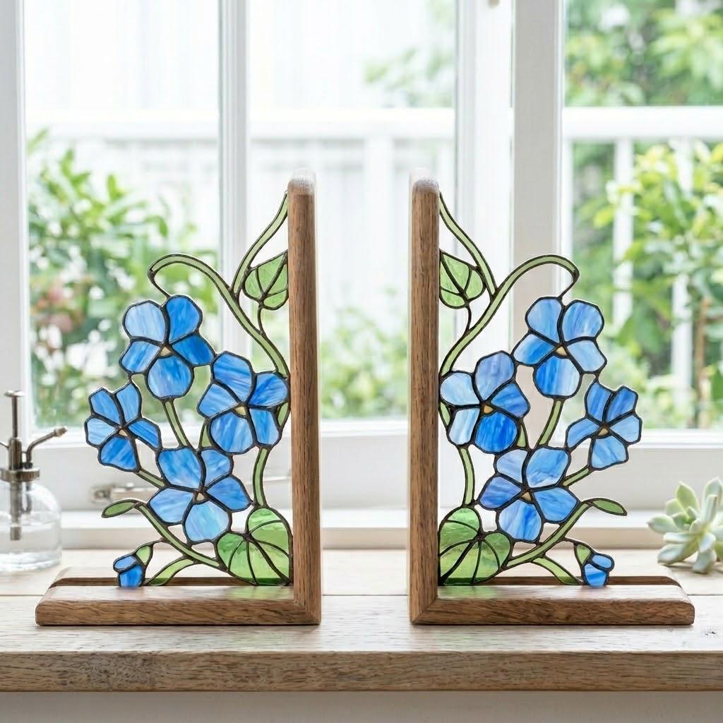 Stained Glass Violet Bookends February Birth Flower Wood Book Stand Blue Floral Shelf Decor Book Lover Gift for Women Mother's Day