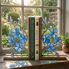 Stained Glass Violet Bookends February Birth Flower Wood Book Stand Blue Floral Shelf Decor Book Lover Gift for Women Mother's Day
