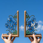 Stained Glass Violet Bookends February Birth Flower Wood Book Stand Blue Floral Shelf Decor Book Lover Gift for Women Mother's Day