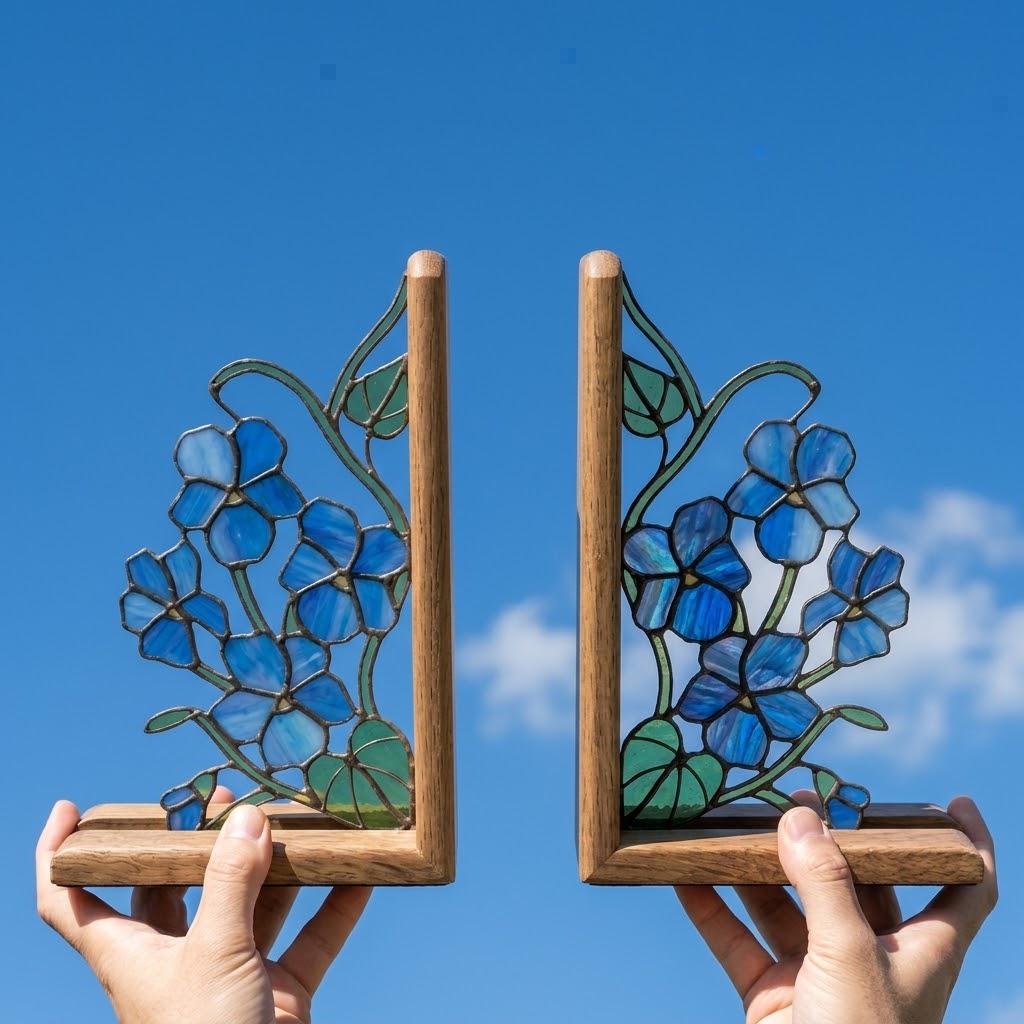 Stained Glass Violet Bookends February Birth Flower Wood Book Stand Blue Floral Shelf Decor Book Lover Gift for Women Mother's Day
