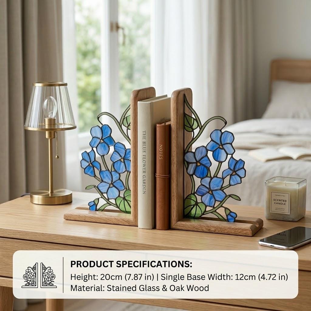 Stained Glass Violet Bookends February Birth Flower Wood Book Stand Blue Floral Shelf Decor Book Lover Gift for Women Mother's Day