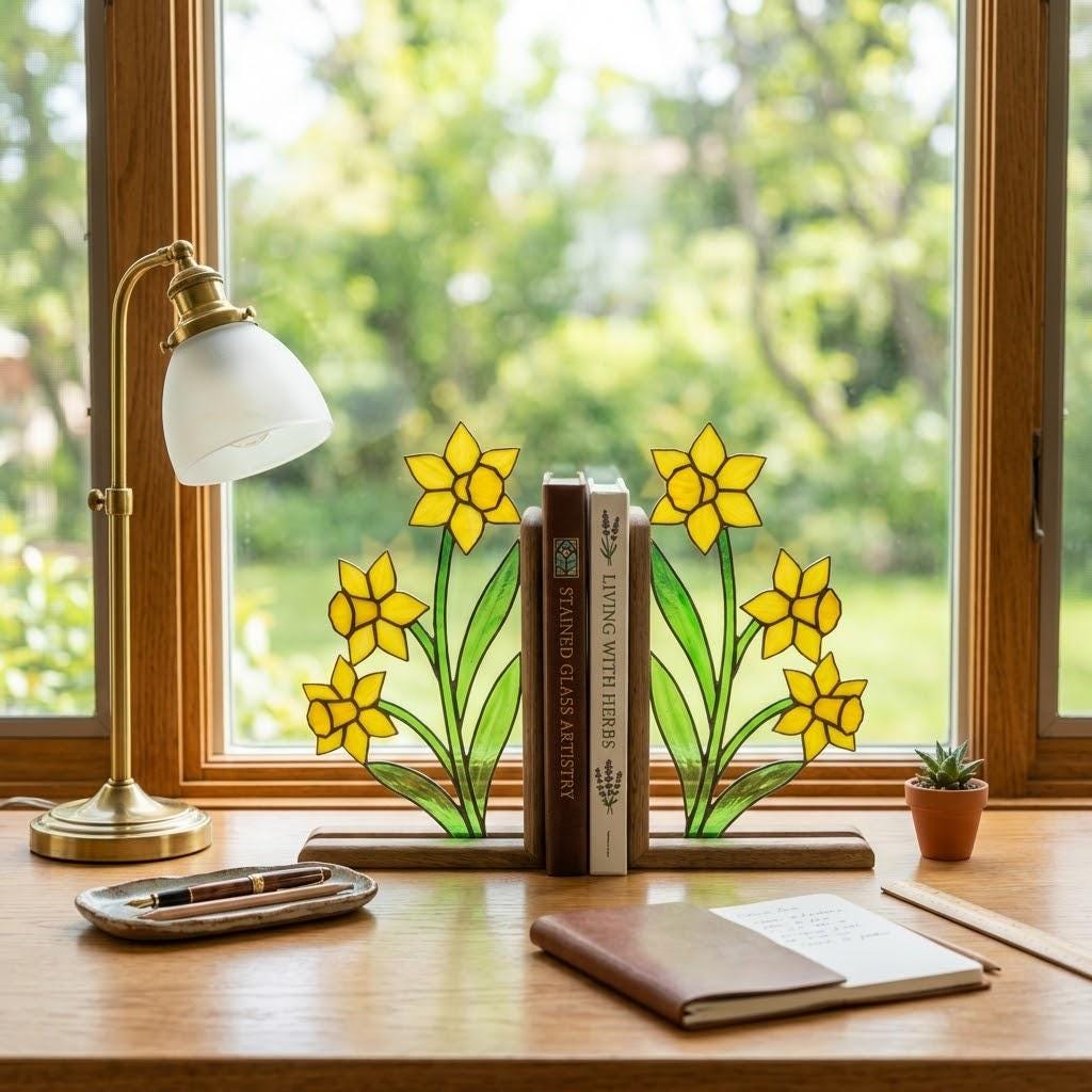 Stained Glass Daffodil Bookends March Birth Flower Wood Book Stand Spring Shelf Decor Luxury Gift for Mom Yellow Floral Art