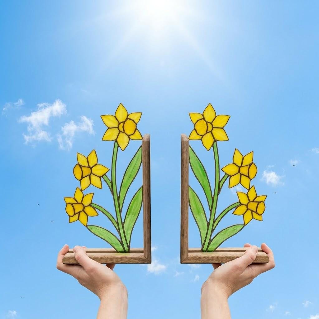 Stained Glass Daffodil Bookends March Birth Flower Wood Book Stand Spring Shelf Decor Luxury Gift for Mom Yellow Floral Art