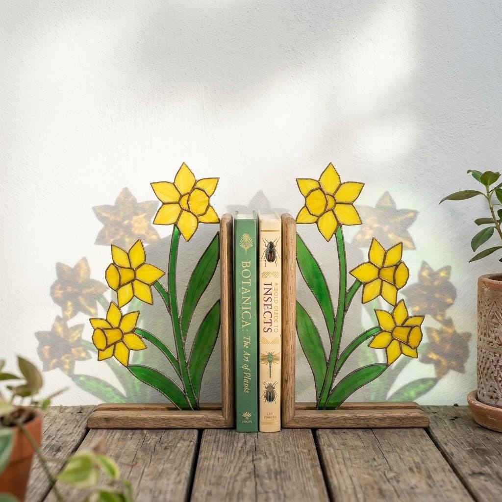 Stained Glass Daffodil Bookends March Birth Flower Wood Book Stand Spring Shelf Decor Luxury Gift for Mom Yellow Floral Art