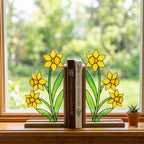 Stained Glass Daffodil Bookends March Birth Flower Wood Book Stand Spring Shelf Decor Luxury Gift for Mom Yellow Floral Art