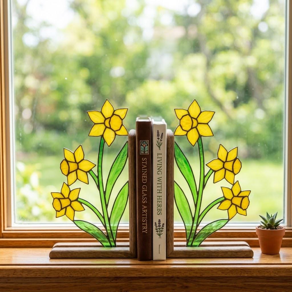 Stained Glass Daffodil Bookends March Birth Flower Wood Book Stand Spring Shelf Decor Luxury Gift for Mom Yellow Floral Art