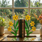 Stained Glass Daffodil Bookends March Birth Flower Wood Book Stand Spring Shelf Decor Luxury Gift for Mom Yellow Floral Art