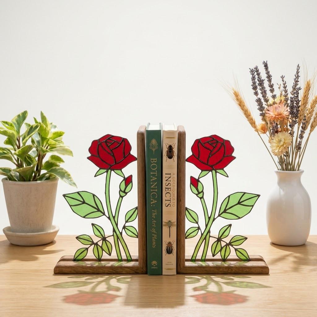 Handmade stained glass red rose flower bookends on solid wood bases casting beautiful colorful shadows, romantic anniversary and book lover gift.