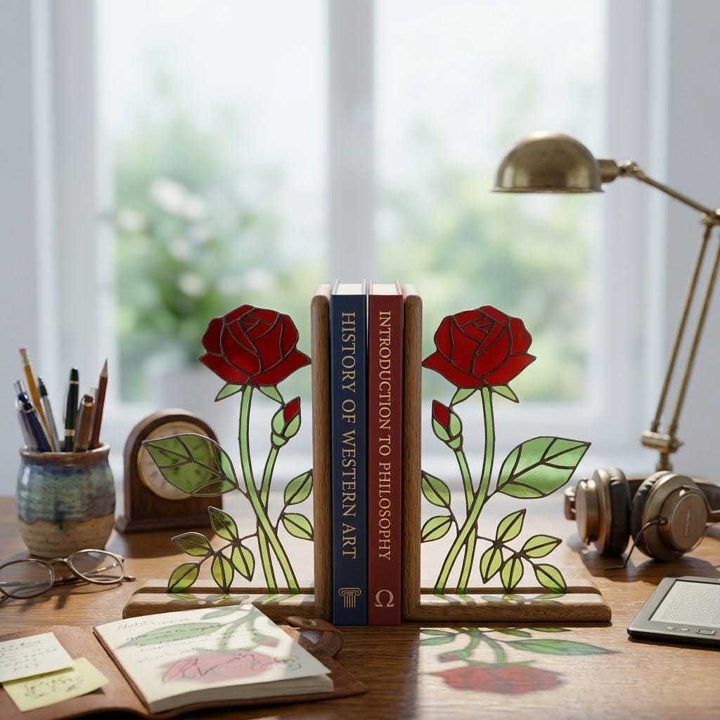 Handmade stained glass red rose flower bookends on solid wood bases casting beautiful colorful shadows, romantic anniversary and book lover gift.