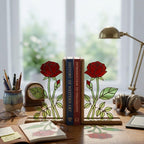 Handmade stained glass red rose flower bookends on solid wood bases casting beautiful colorful shadows, romantic anniversary and book lover gift.