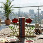 Handmade stained glass red rose flower bookends on solid wood bases casting beautiful colorful shadows, romantic anniversary and book lover gift.