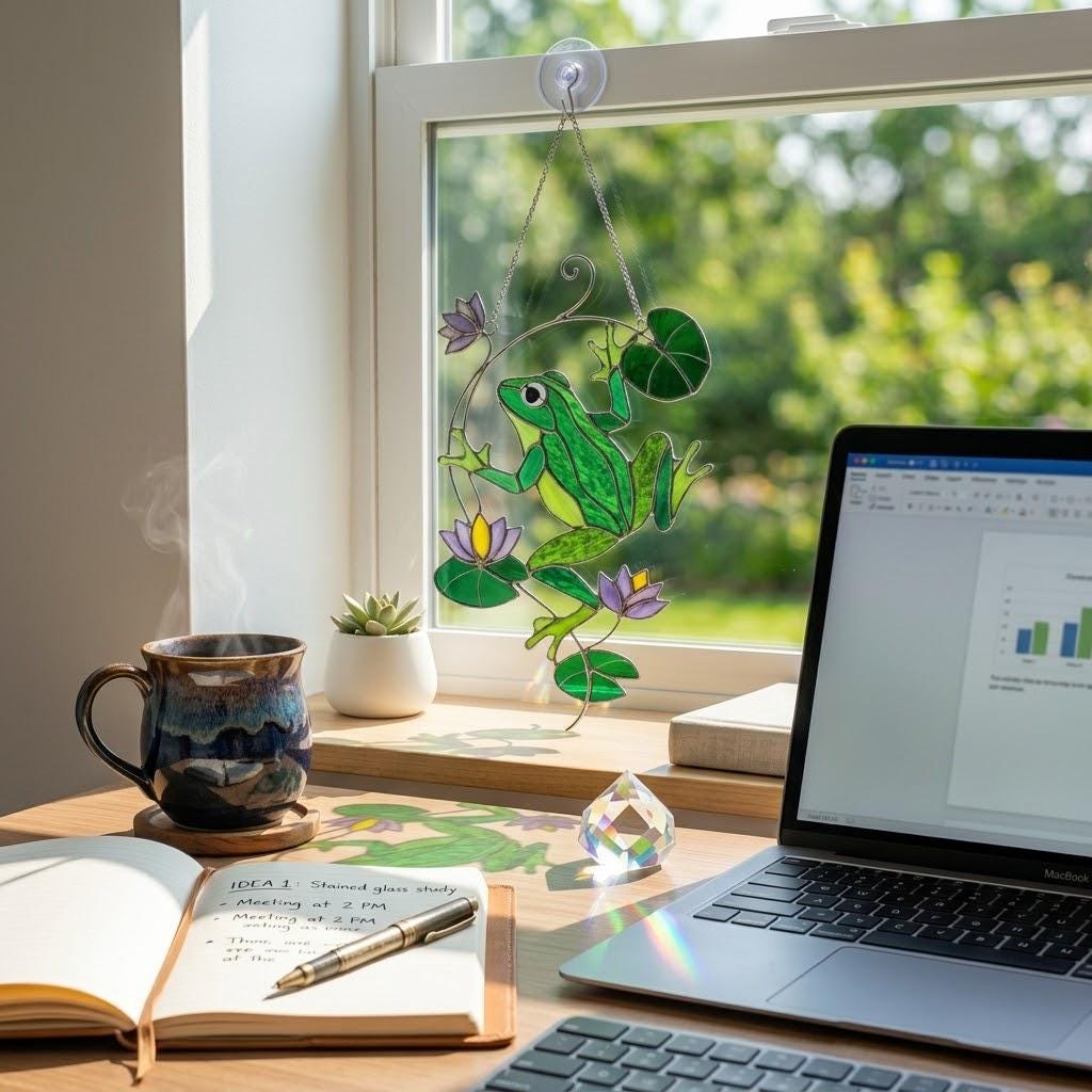 Stained Glass Frog Suncatcher, Green Frog Window Hanging, Lotus Pond Sun Catcher, Nature Decor, Cottagecore Gift, Handmade Glass Art