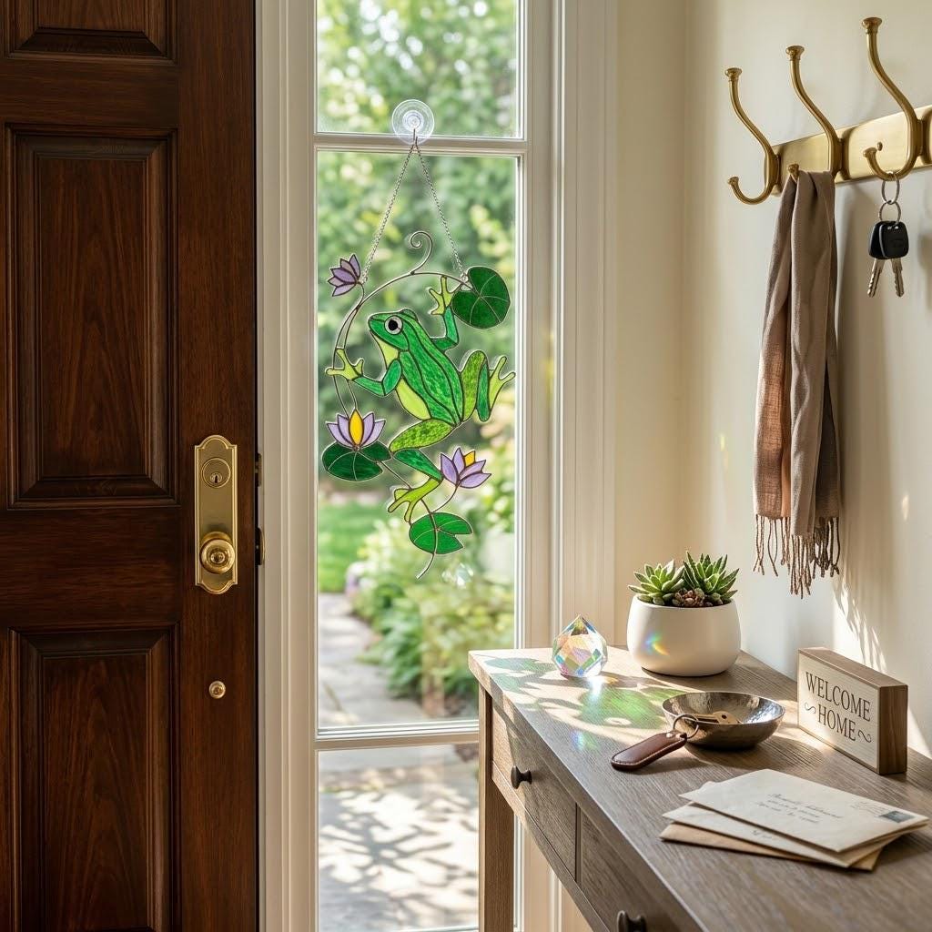 Stained Glass Frog Suncatcher, Green Frog Window Hanging, Lotus Pond Sun Catcher, Nature Decor, Cottagecore Gift, Handmade Glass Art