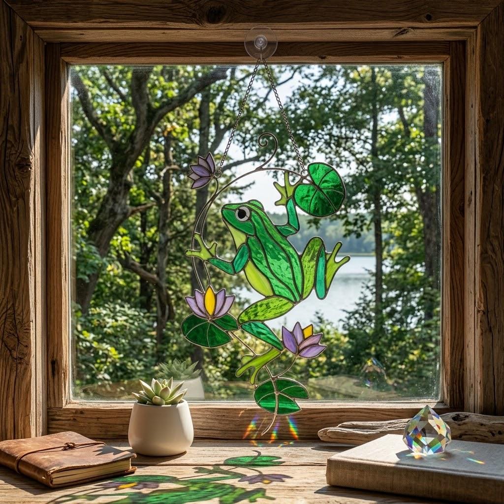 Stained Glass Frog Suncatcher, Green Frog Window Hanging, Lotus Pond Sun Catcher, Nature Decor, Cottagecore Gift, Handmade Glass Art