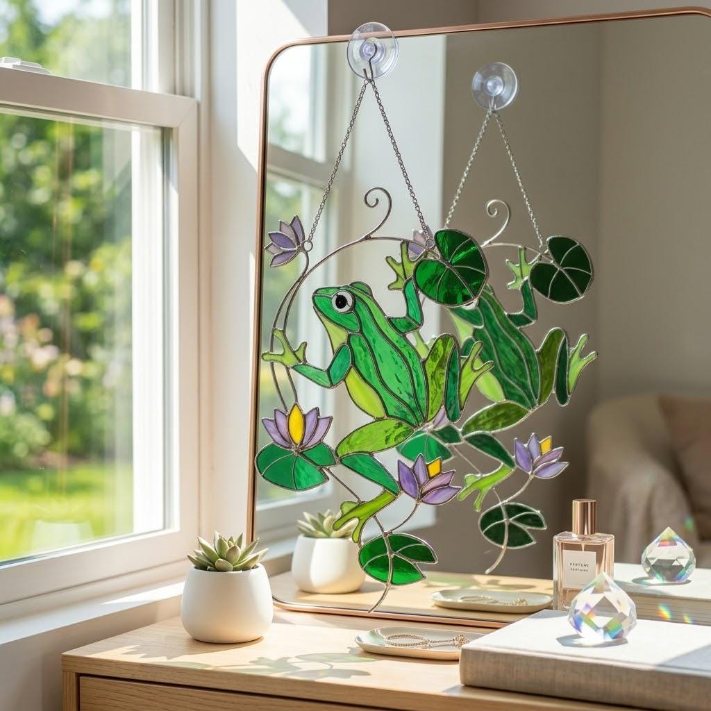 Stained Glass Frog Suncatcher, Green Frog Window Hanging, Lotus Pond Sun Catcher, Nature Decor, Cottagecore Gift, Handmade Glass Art