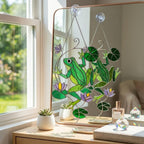 Stained Glass Frog Suncatcher, Green Frog Window Hanging, Lotus Pond Sun Catcher, Nature Decor, Cottagecore Gift, Handmade Glass Art