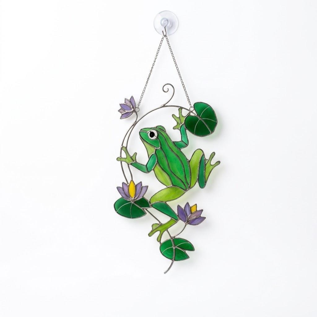 Stained Glass Frog Suncatcher, Green Frog Window Hanging, Lotus Pond Sun Catcher, Nature Decor, Cottagecore Gift, Handmade Glass Art