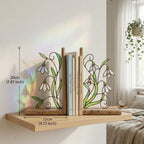 Handmade stained glass white snowdrop flower bookends with delicate wirework on solid wood bases, beautiful january birth flower spring shelf decor and book lover gift.