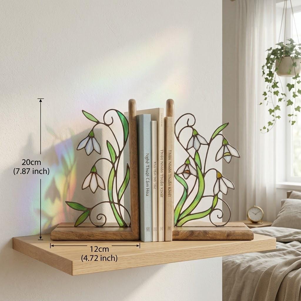 Handmade stained glass white snowdrop flower bookends with delicate wirework on solid wood bases, beautiful january birth flower spring shelf decor and book lover gift.