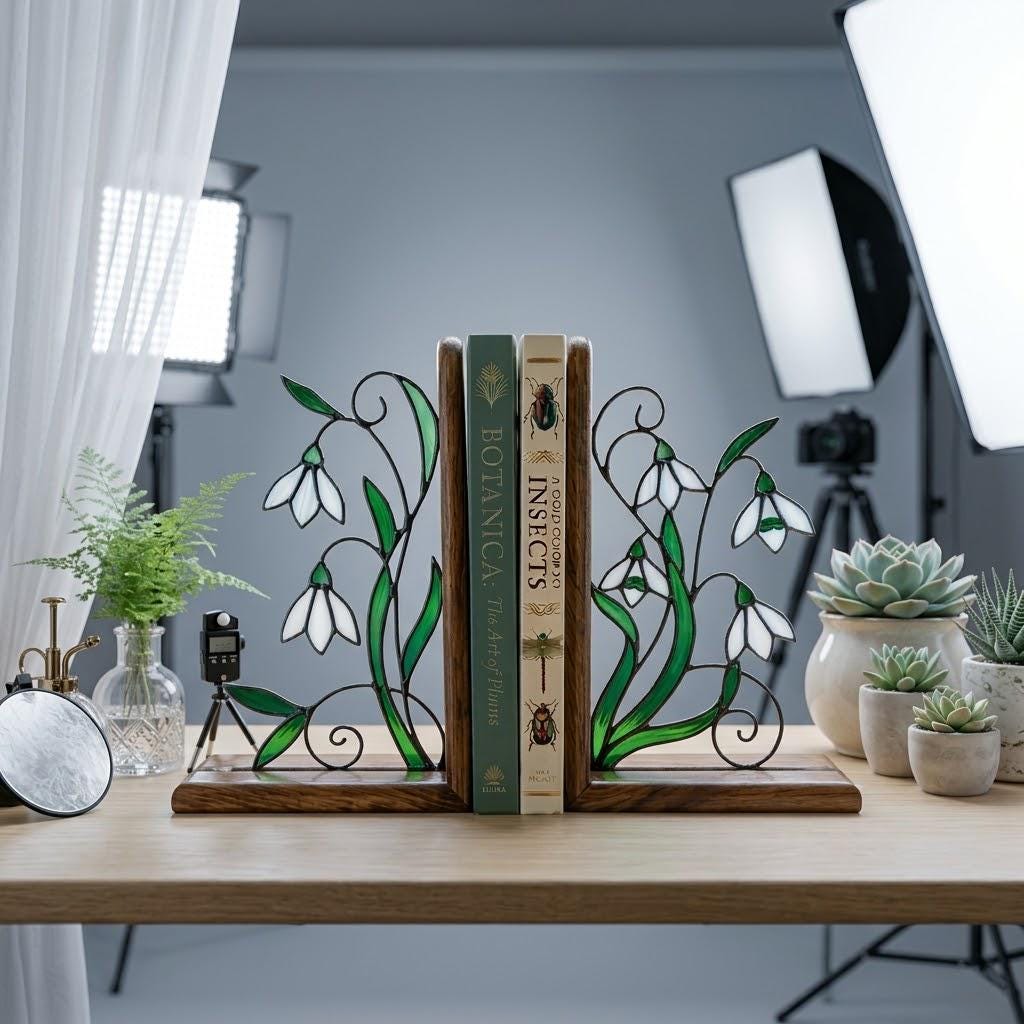 Handmade stained glass white snowdrop flower bookends with delicate wirework on solid wood bases, beautiful january birth flower spring shelf decor and book lover gift.