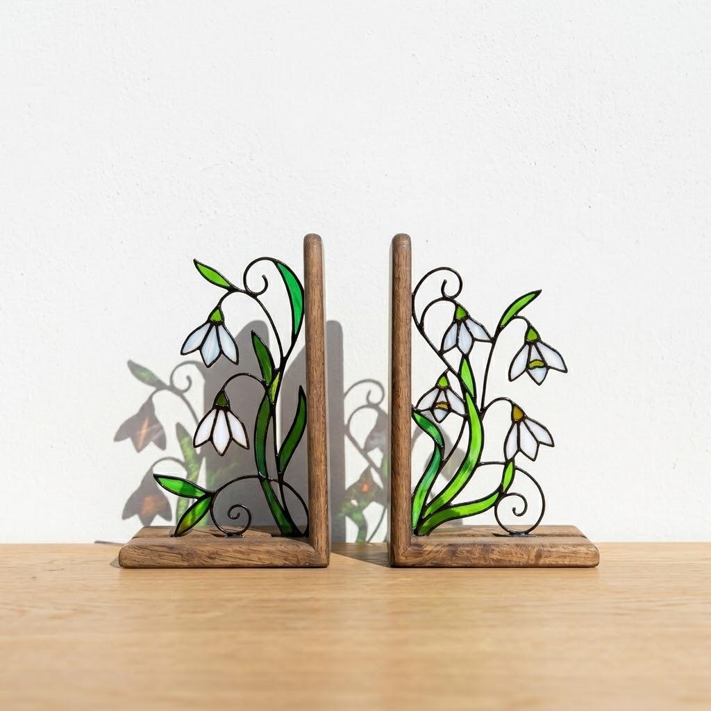 Handmade stained glass white snowdrop flower bookends with delicate wirework on solid wood bases, beautiful january birth flower spring shelf decor and book lover gift.