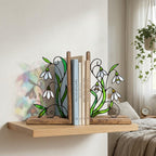 Handmade stained glass white snowdrop flower bookends with delicate wirework on solid wood bases, beautiful january birth flower spring shelf decor and book lover gift.
