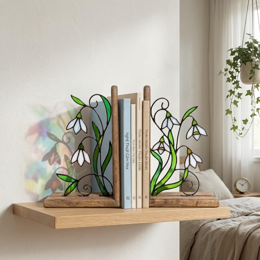 Handmade stained glass white snowdrop flower bookends with delicate wirework on solid wood bases, beautiful january birth flower spring shelf decor and book lover gift.