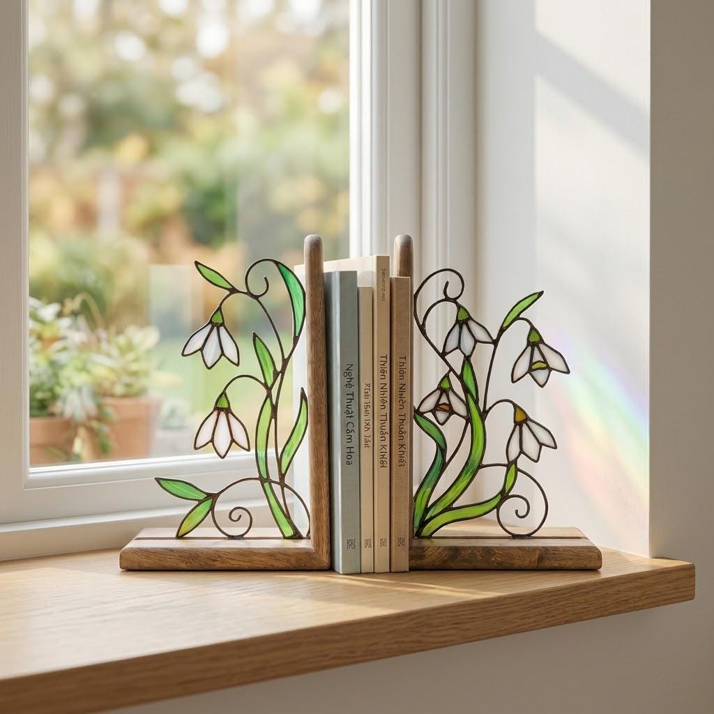 Handmade stained glass white snowdrop flower bookends with delicate wirework on solid wood bases, beautiful january birth flower spring shelf decor and book lover gift.