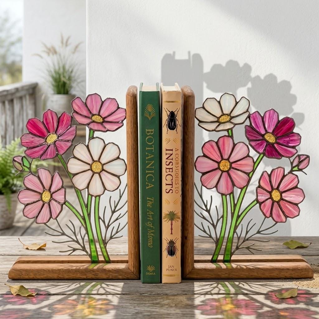 Handmade stained glass pink cosmos flower bookends with delicate leaves on solid wood bases in a premium gift box, october birth flower book lover gift.