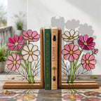 Handmade stained glass pink cosmos flower bookends with delicate leaves on solid wood bases in a premium gift box, october birth flower book lover gift.
