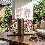 Handmade stained glass pink cosmos flower bookends with delicate leaves on solid wood bases in a premium gift box, october birth flower book lover gift.