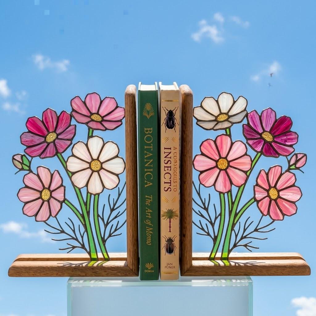 Handmade stained glass pink cosmos flower bookends with delicate leaves on solid wood bases in a premium gift box, october birth flower book lover gift.