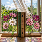 Handmade stained glass pink cosmos flower bookends with delicate leaves on solid wood bases in a premium gift box, october birth flower book lover gift.