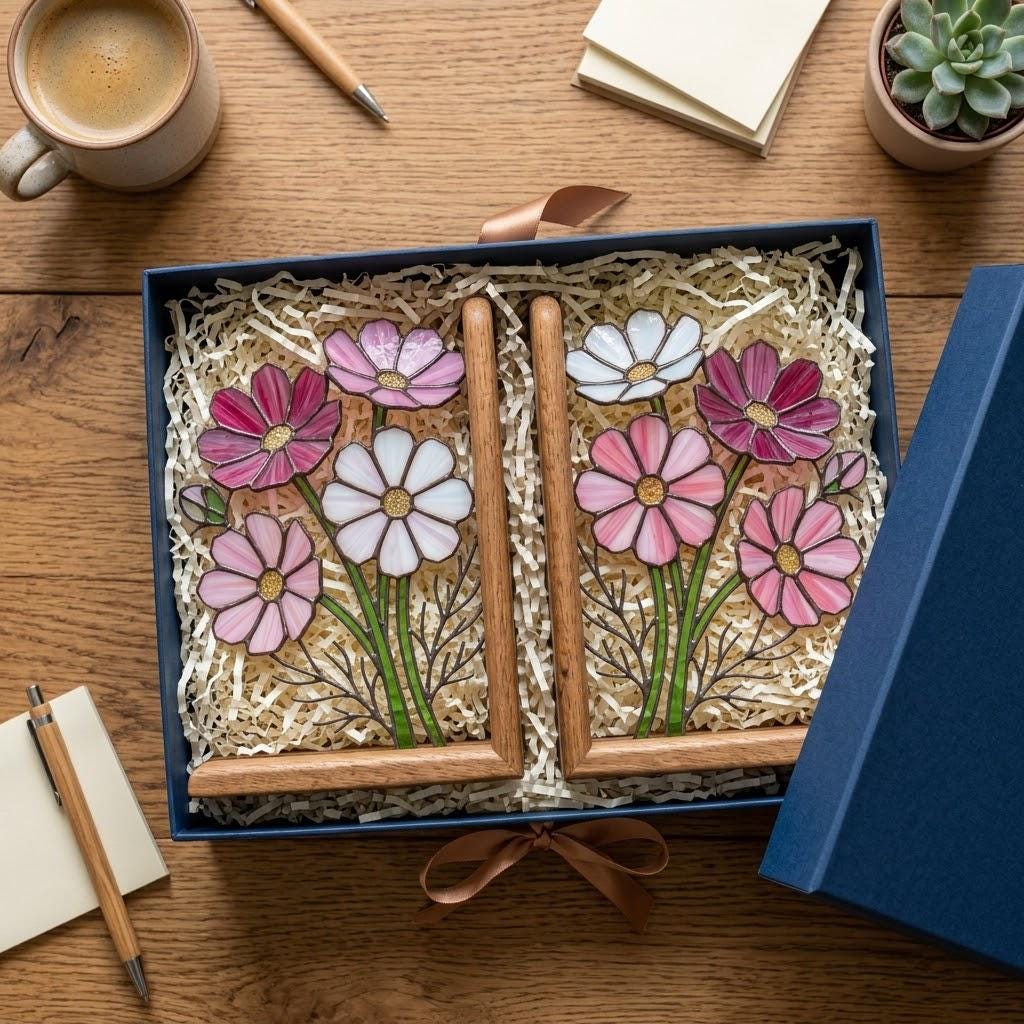 Handmade stained glass pink cosmos flower bookends with delicate leaves on solid wood bases in a premium gift box, october birth flower book lover gift.