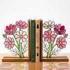 Handmade stained glass pink cosmos flower bookends with delicate leaves on solid wood bases in a premium gift box, october birth flower book lover gift.