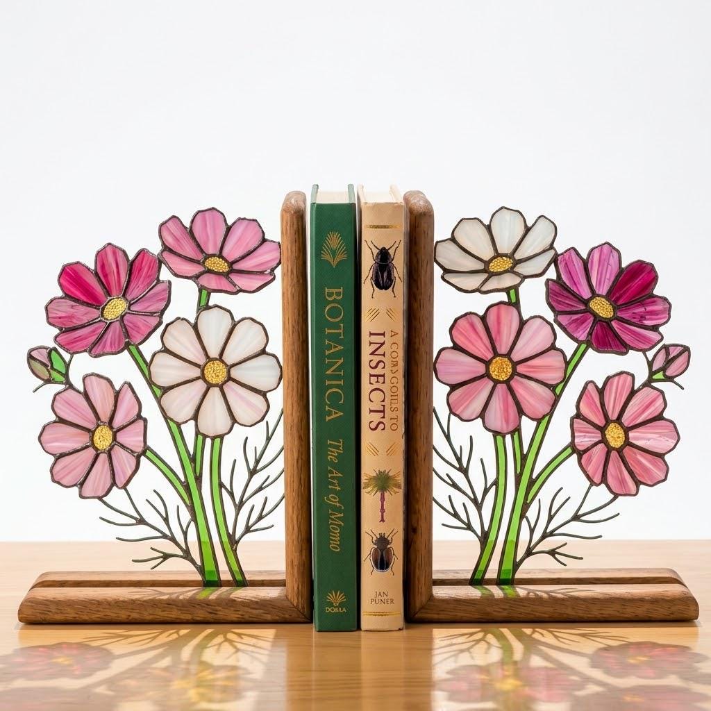 Handmade stained glass pink cosmos flower bookends with delicate leaves on solid wood bases in a premium gift box, october birth flower book lover gift.