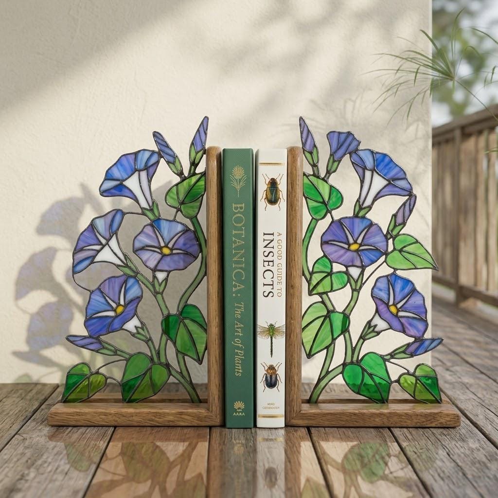 Handmade stained glass blue morning glory vine flower bookends on premium oak wood bases, beautiful september birth flower botanical shelf decor gift.