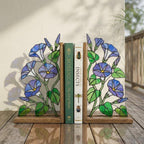 Handmade stained glass blue morning glory vine flower bookends on premium oak wood bases, beautiful september birth flower botanical shelf decor gift.