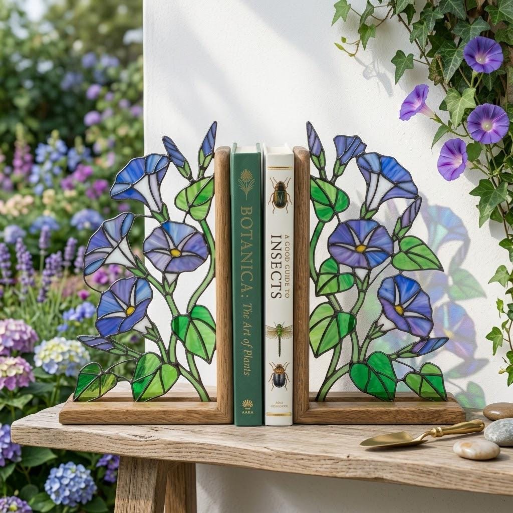 Handmade stained glass blue morning glory vine flower bookends on premium oak wood bases, beautiful september birth flower botanical shelf decor gift.
