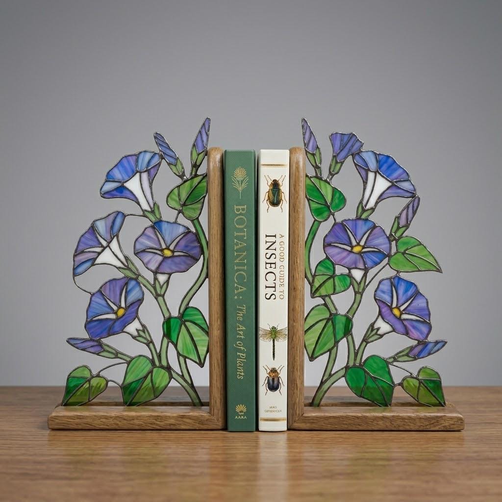 Handmade stained glass blue morning glory vine flower bookends on premium oak wood bases, beautiful september birth flower botanical shelf decor gift.