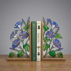 Handmade stained glass blue morning glory vine flower bookends on premium oak wood bases, beautiful september birth flower botanical shelf decor gift.