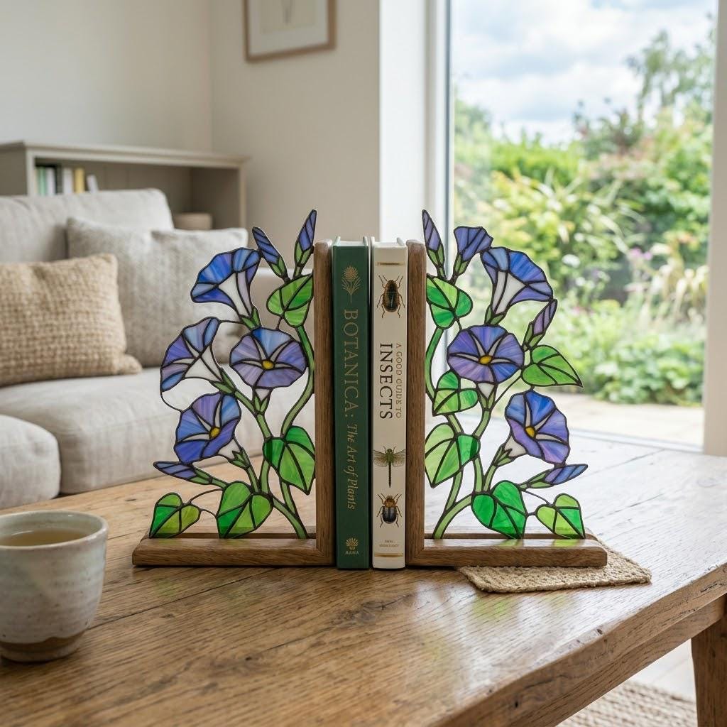 Handmade stained glass blue morning glory vine flower bookends on premium oak wood bases, beautiful september birth flower botanical shelf decor gift.