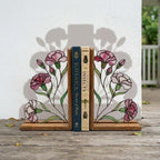 Handmade stained glass pink carnation flower bookends on premium solid wood bases, beautiful Mother's Day gift and january birth flower botanical shelf decor.