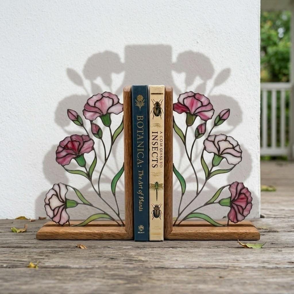 Handmade stained glass pink carnation flower bookends on premium solid wood bases, beautiful Mother's Day gift and january birth flower botanical shelf decor.