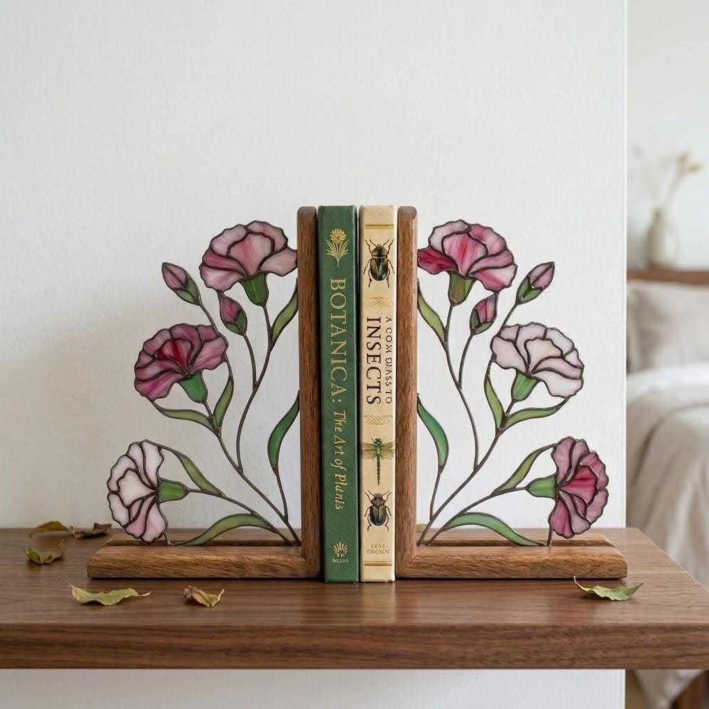Handmade stained glass pink carnation flower bookends on premium solid wood bases, beautiful Mother's Day gift and january birth flower botanical shelf decor.