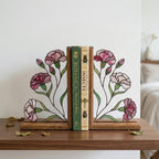 Handmade stained glass pink carnation flower bookends on premium solid wood bases, beautiful Mother's Day gift and january birth flower botanical shelf decor.