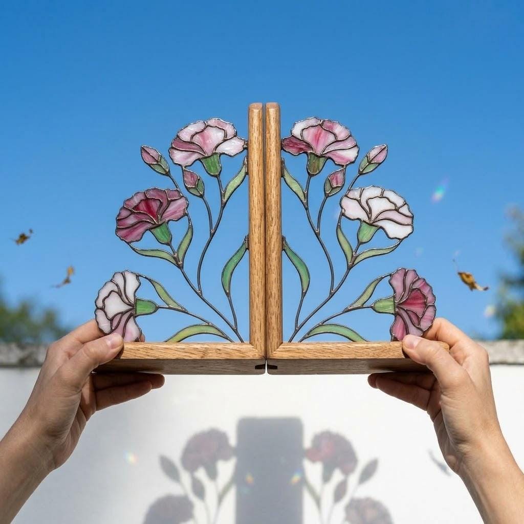 Handmade stained glass pink carnation flower bookends on premium solid wood bases, beautiful Mother's Day gift and january birth flower botanical shelf decor.